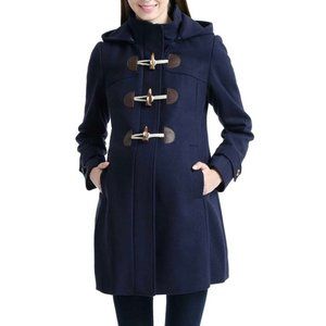 Kimi and Kai Navy Blue Hooded Wool Blend Maternity Toggle Pea Coat